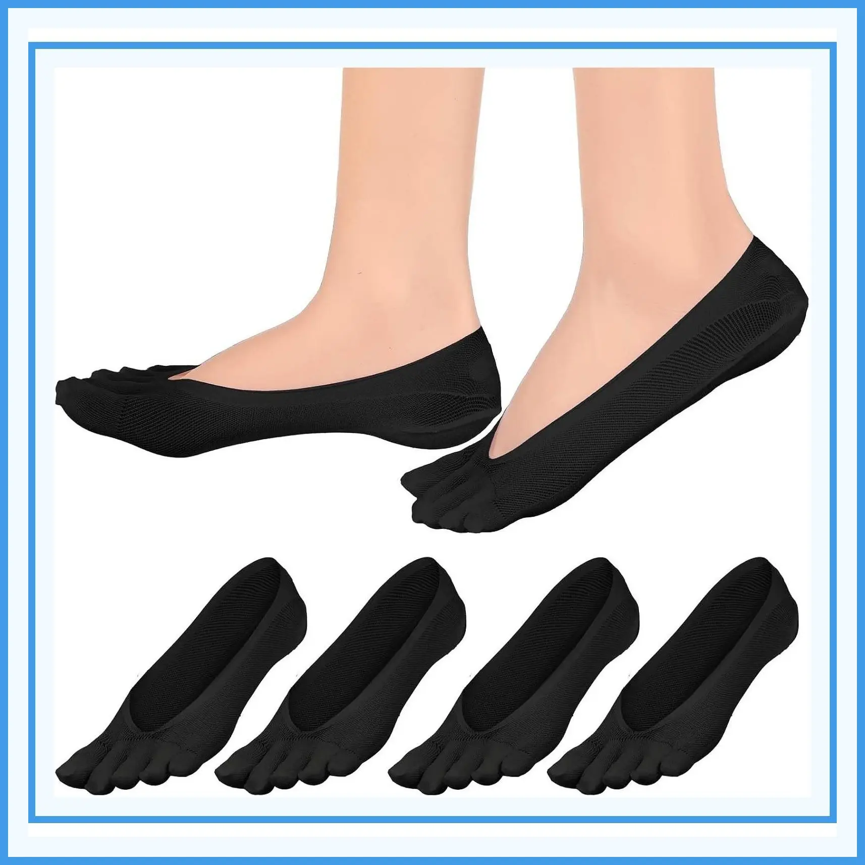 Women's 4 Pairs Orthopedic Toe Compression Socks, Toe Separator Socks for Bunion Relief, Low Cut Liner Five Finger Socks, Size 6-9, Black