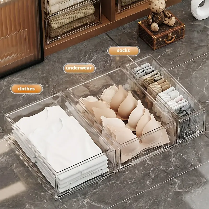 Clear PET Thickened Stackable Storage Drawers, 2 Widths (4.5In/9In), Drawer Organizer for Clothes Underwear T-Shirts Makeup, Ideal for Desk Bathroom Home Office Under-Bed Organization