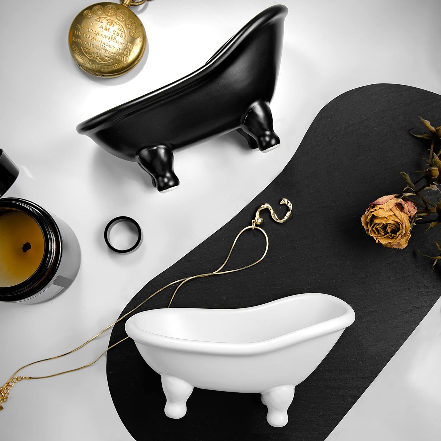 1 count 5.6" Black Ceramic Mini Bathtub Soap Dish Small Planter Makeup Organizer Container Hamster Bathtub (Black)