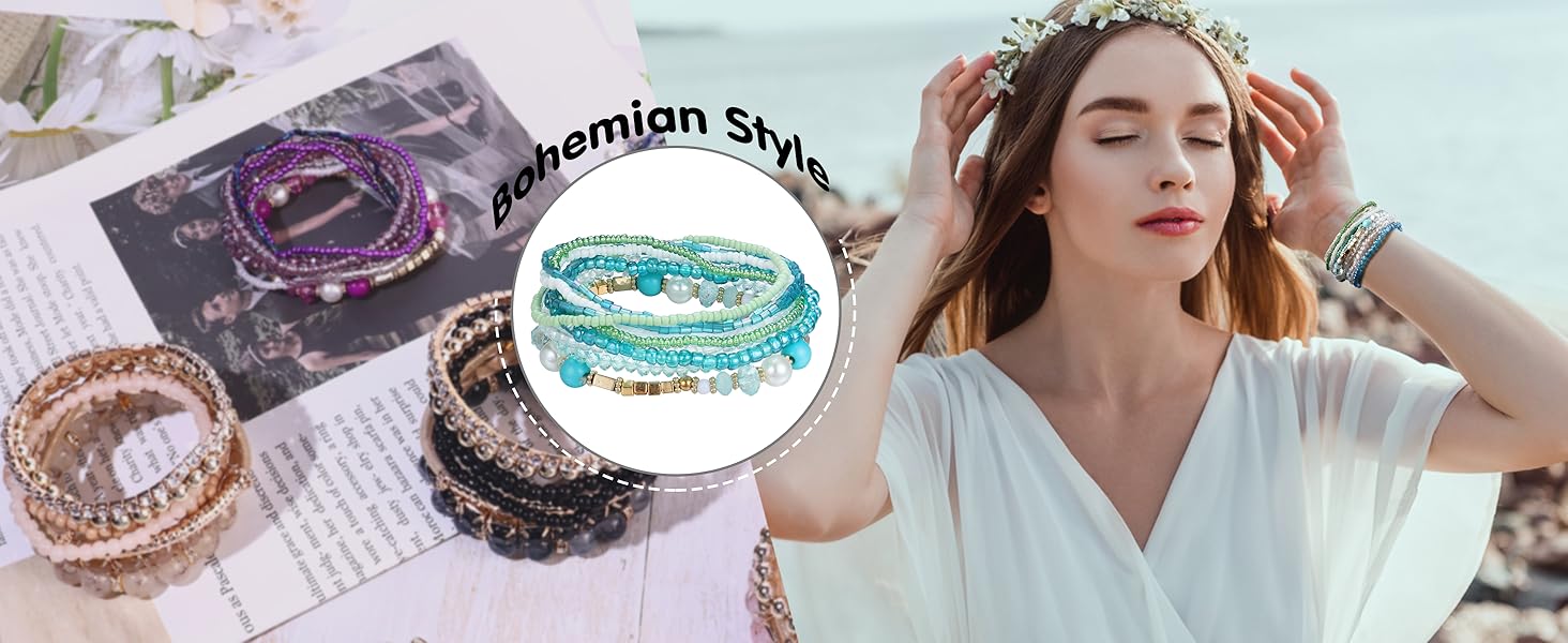 6 Sets Bohemian Stackable Bead Bracelets for Women Stretch Bohemian Style Stretch Multilayered Boho Bracelet Set