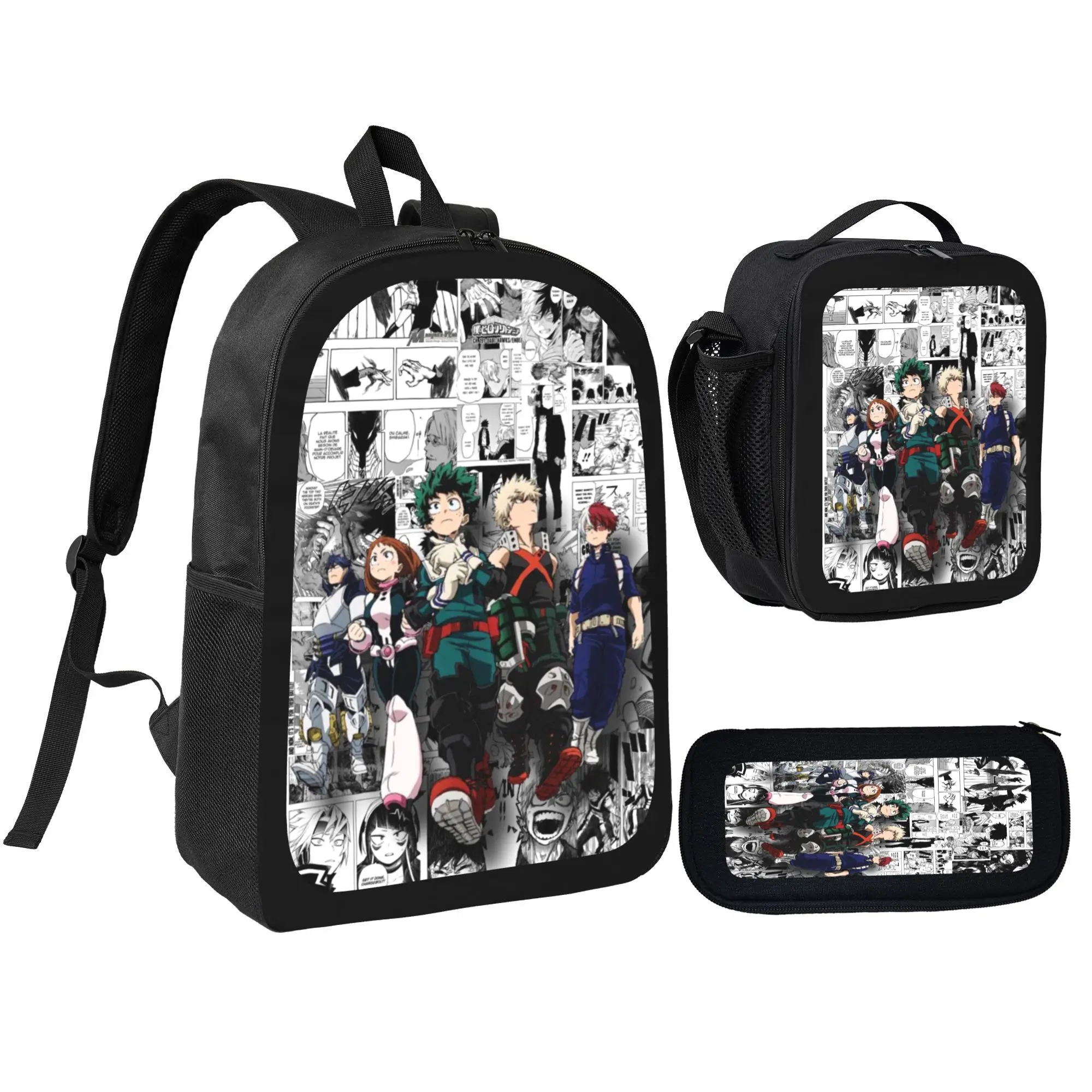 3pcs my hero academia5 Unisex Large Capacity Backpack, Cool Anime school bag set for girls boys, Adjustable Shoulder Straps, Casual, Daily  Backpack, Lunch Bag, and Pencil Case, Perfect Gift