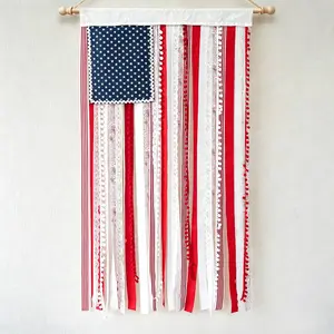 Handmade 4th Of July Rag Flag Banner, Bohemian Lace Streamer Wall Hanging, Patriotic Door Decor For Independence Day Party, Outdoor Porch And Home Decoration