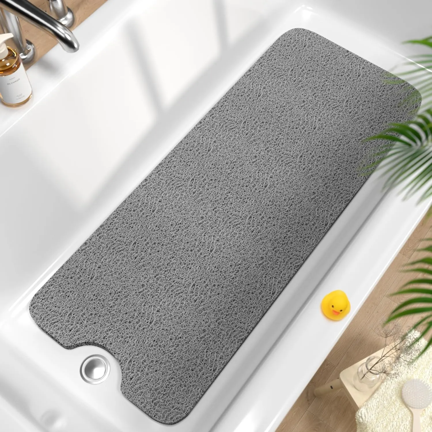 Non Slip Bathtub Mat 40 x 16 Inch, Extra Long Bath Mat for Tub, Soft PVC Loofah Shower Floor Mat with Drain, Quick Drying Bathroom Tub Mat for Wet Area, Without Suction Cup, Grey