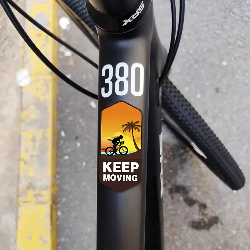 2 pieces of KEEP MOVING mountain bike stickers - Waterproof hexagonal frame stickers, landscape design (mountains, city skyline, palm trees) suitable for both road and mountain bikes - Black outdoor cycling accessories, bicycle decorations
