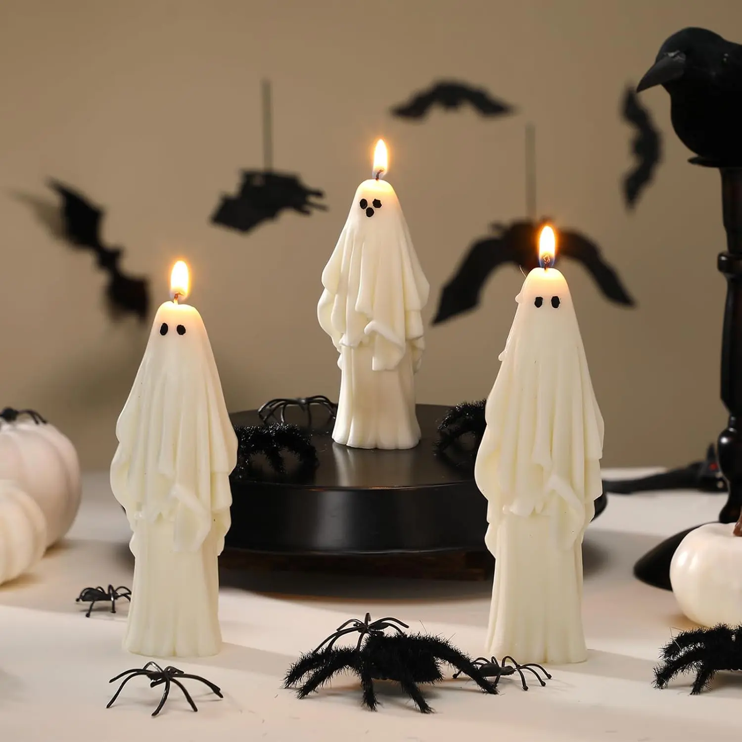 Nuanchu 3-Piece Halloween Ghost Decorative Candle Set, Gothic Ornaments for Mantel & Table Decoration, Spooky Halloween Things Indoor Home Decor Gift, Cute Goth Taper Candle Party Favor Basket Stuffer