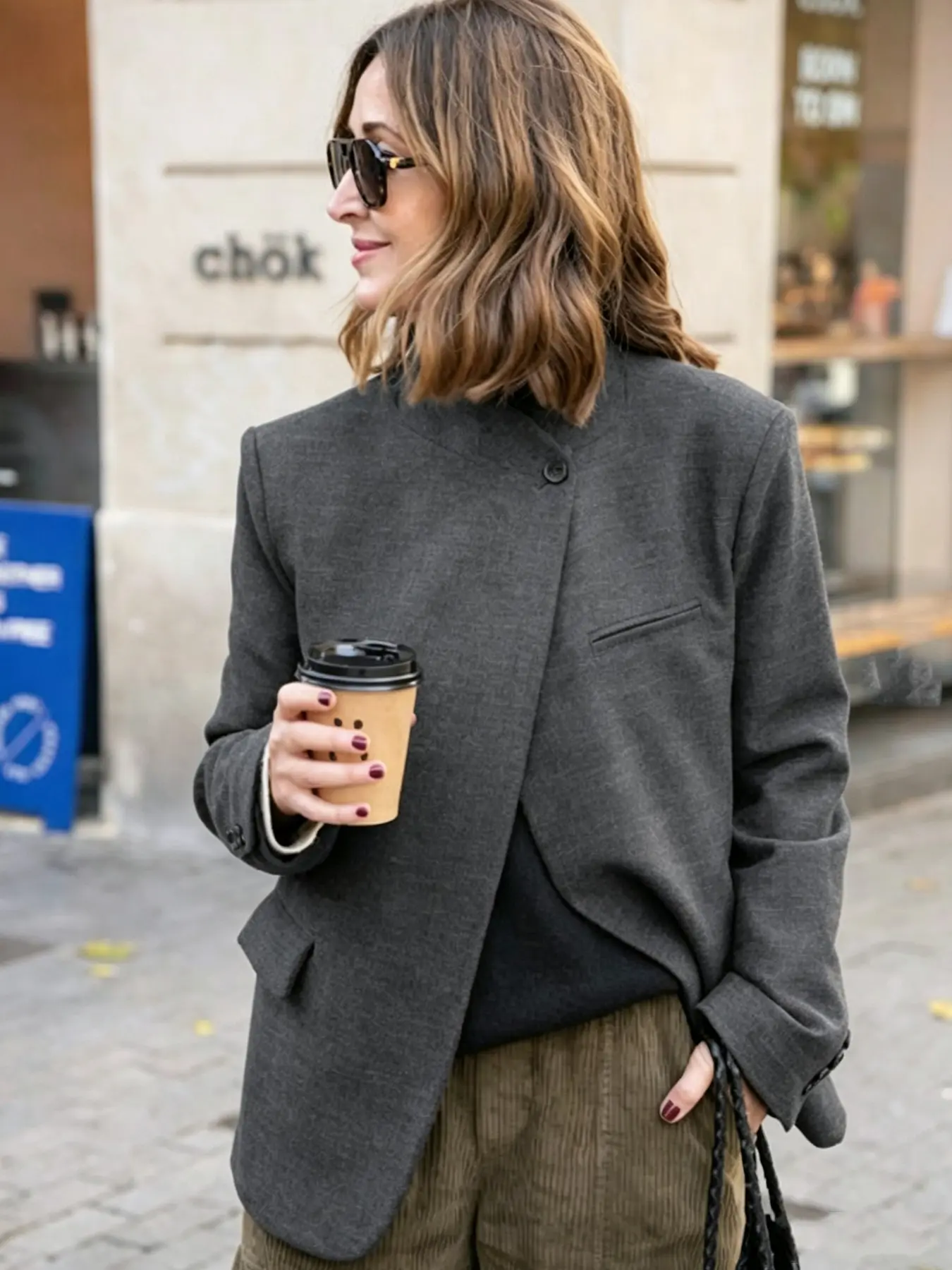 Women's Asymmetric Blazer, New Arrivals Demi-Season Jacket, Business Casual Fitted Long Sleeve Stand Collar Outerwear, Elegant Womenswear, Women's Jackets, Drak Gray