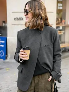 Women's Asymmetric Blazer, New Arrivals Demi-Season Jacket, Business Casual Fitted Long Sleeve Stand Collar Outerwear, Elegant Womenswear, Women's Jackets, Drak Gray