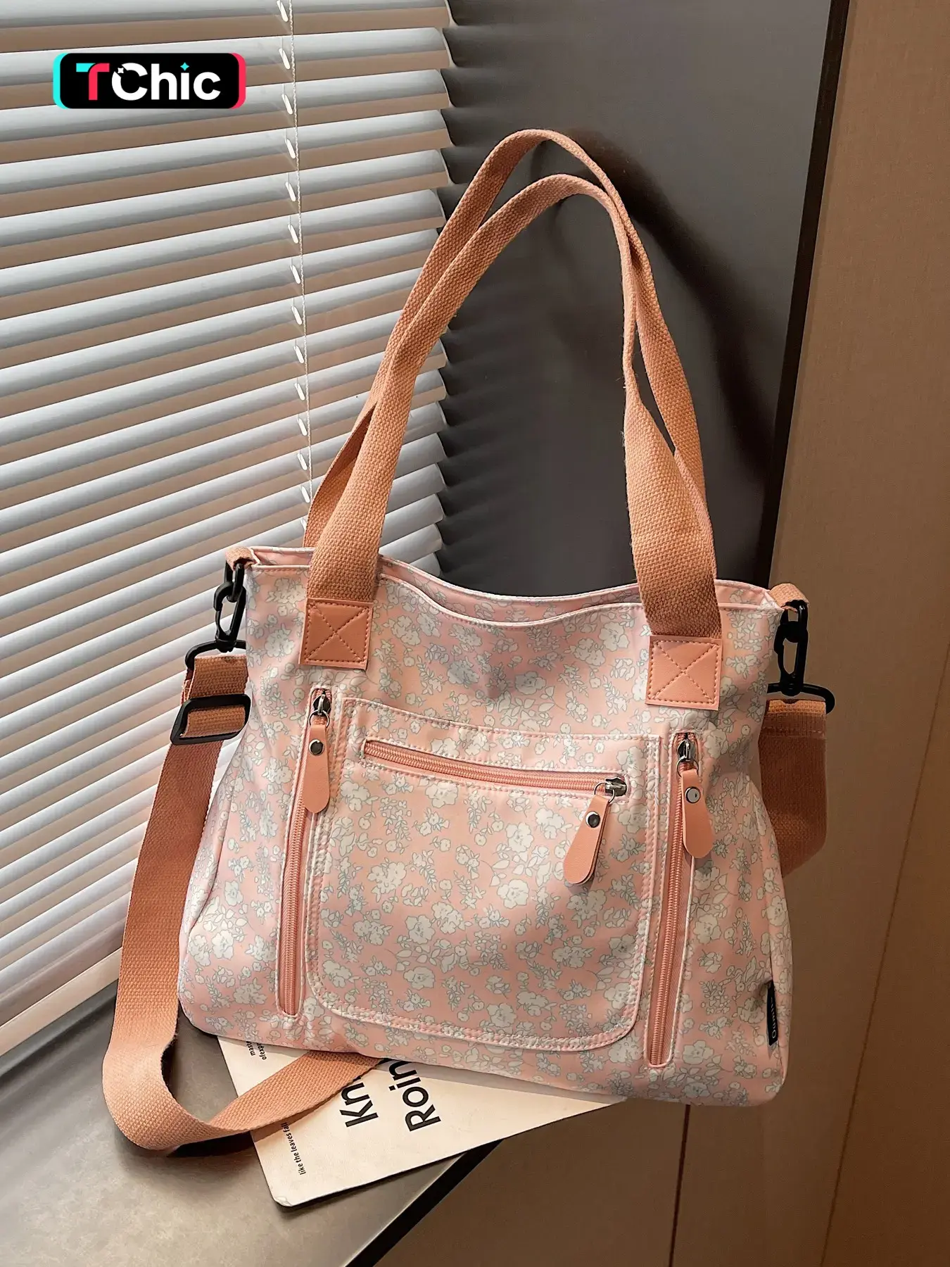 Ultra-Lightweight, Space-Saving Floral Tote Bag for Women, Multi-Compartment Anti-Theft Waterproof Nylon Handbag, Daily Commuter Bag for Work or School, Fashionable Patterned Bag