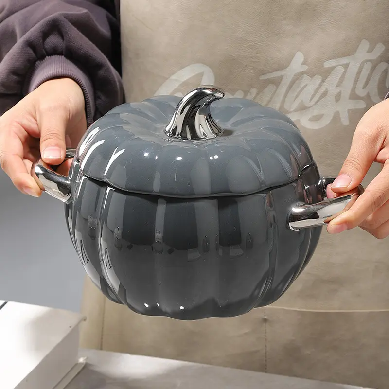 Large Pumpkin-shaped Dessert Bowl, Stewing Pot, Egg Steaming Bowl with Two Handles and Lid, Baking Roasting Bowl for Bird's Nest Syrup and Tremella Soup