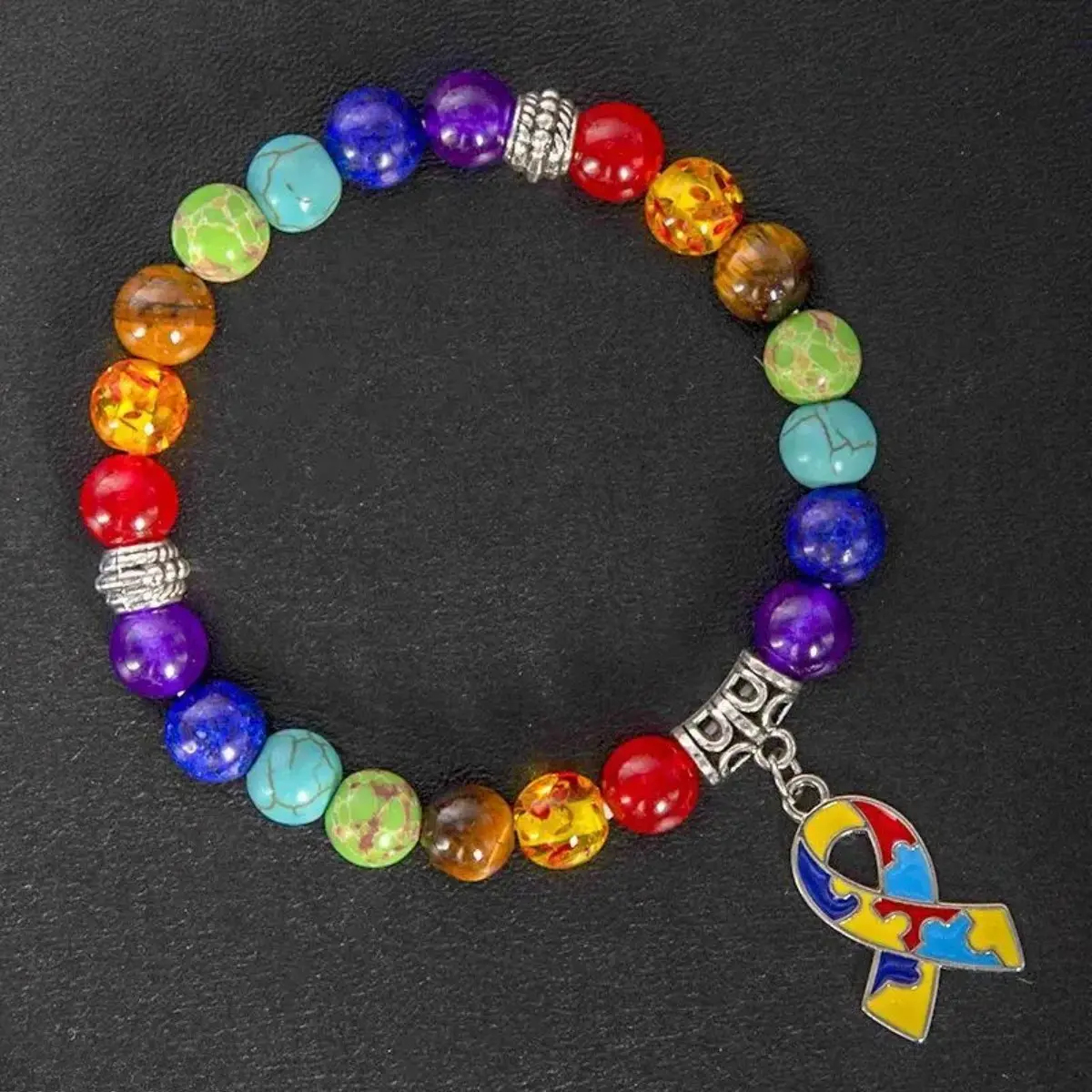 Rainbow Bracelet for Autism Awareness, Hand-Strung with Colorful Natural Stone Beads, Puzzle Piece Charm and a Comfortable Elastic Fit, Teacher, Therapist