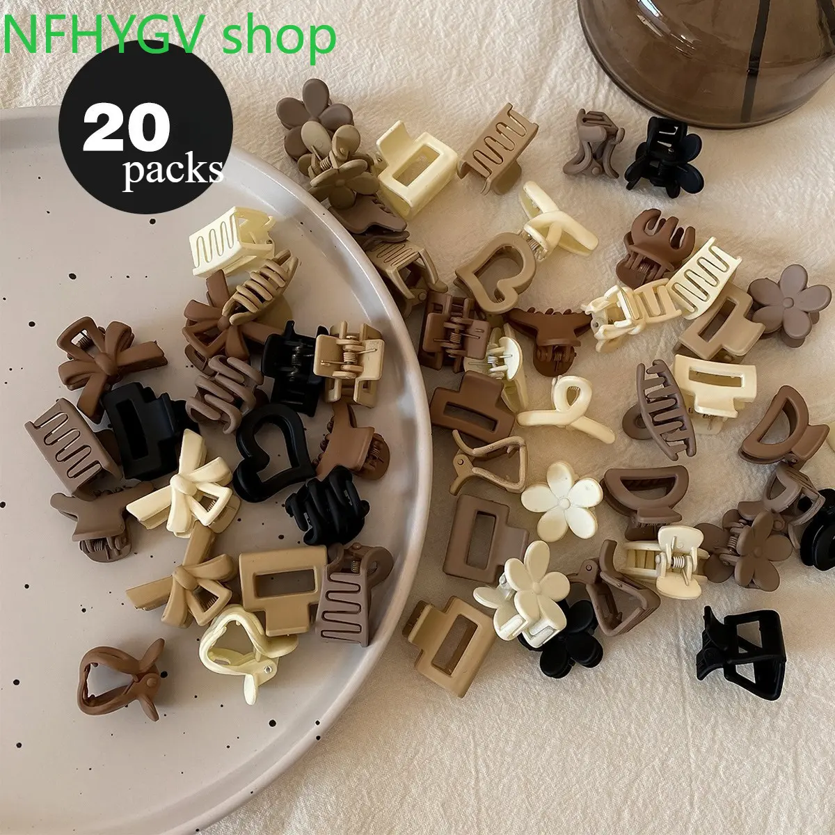 20 Pack Matte Mini Hair Claw Clips, Earth Tone Neutral Tiny Jaw Clips In Flower, Heart And Square Shapes, Assorted Small Hair Grab Accessories For Casual Hairstyling And Makeup Fixing