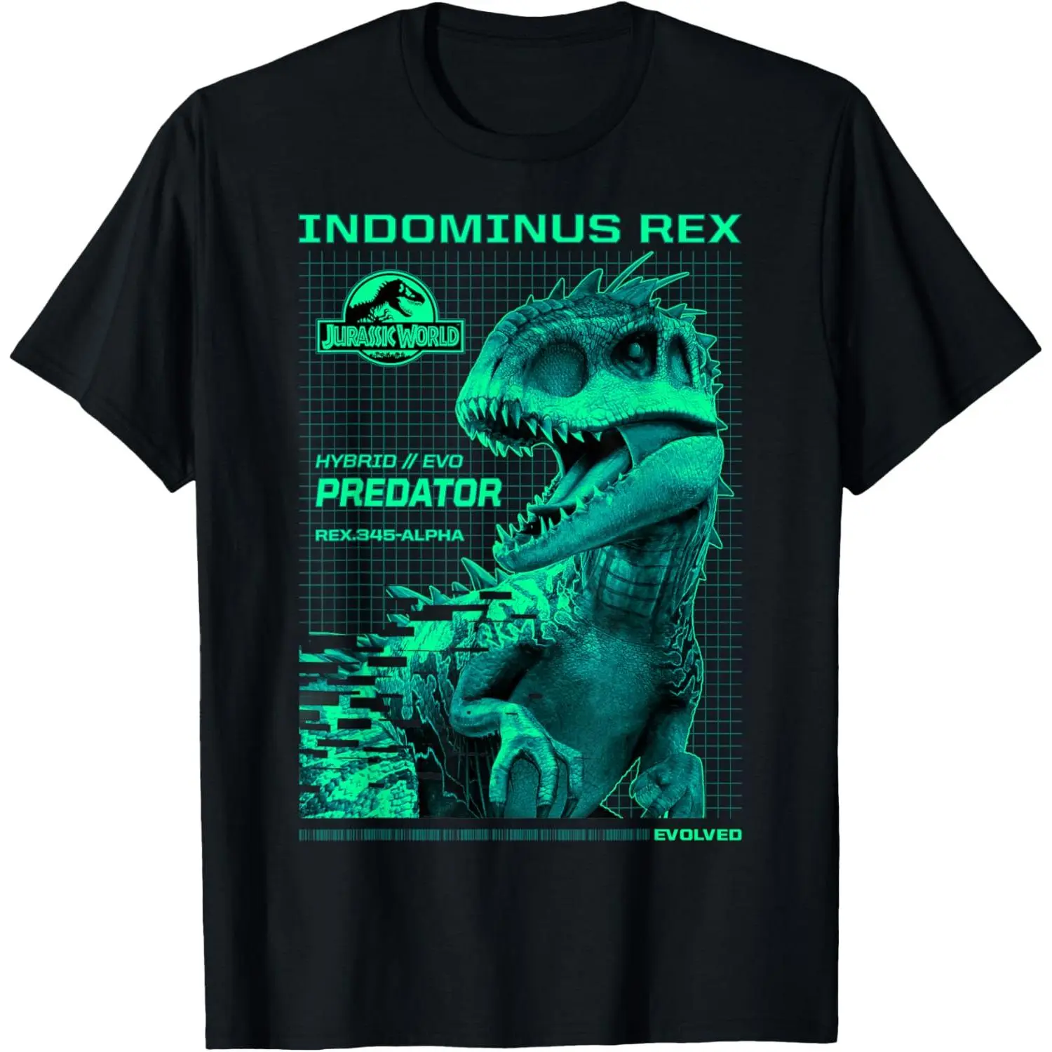 Jurassic World Indominus Rex Cyber Green Grid Hybrid Evo Predator Dinosaur Sci-Fi Graphic T-Shirt Men Crew Neck Short Sleeve Black Tee Retro Movie Dinosaur Casual Street Tops For Adult Men Teen Boys Guys Jurassic Dinosaur Fans