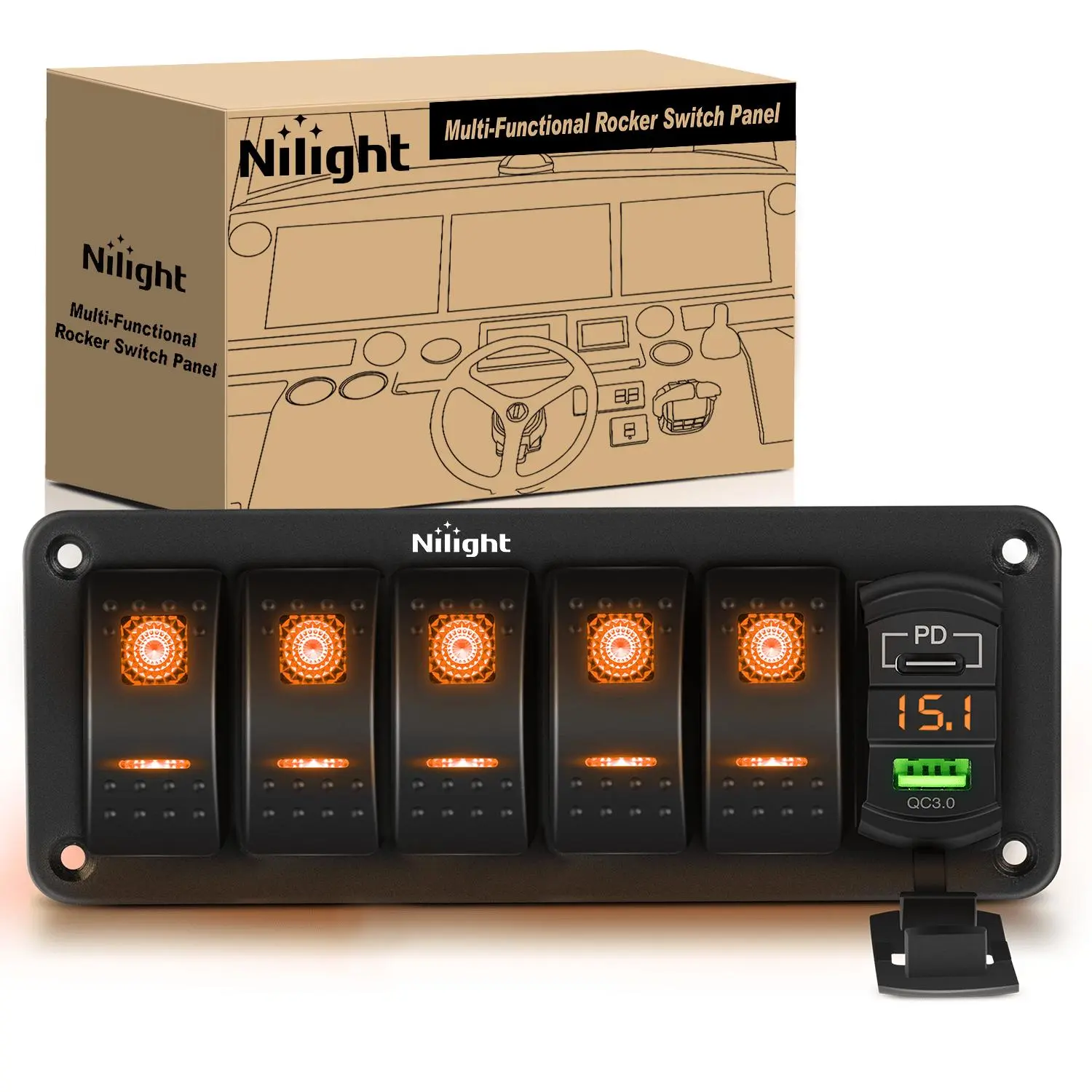 Nilight 5 Gang Switch Panel With QC3.0 & PD Charger And Voltmerter with Orange Backlit