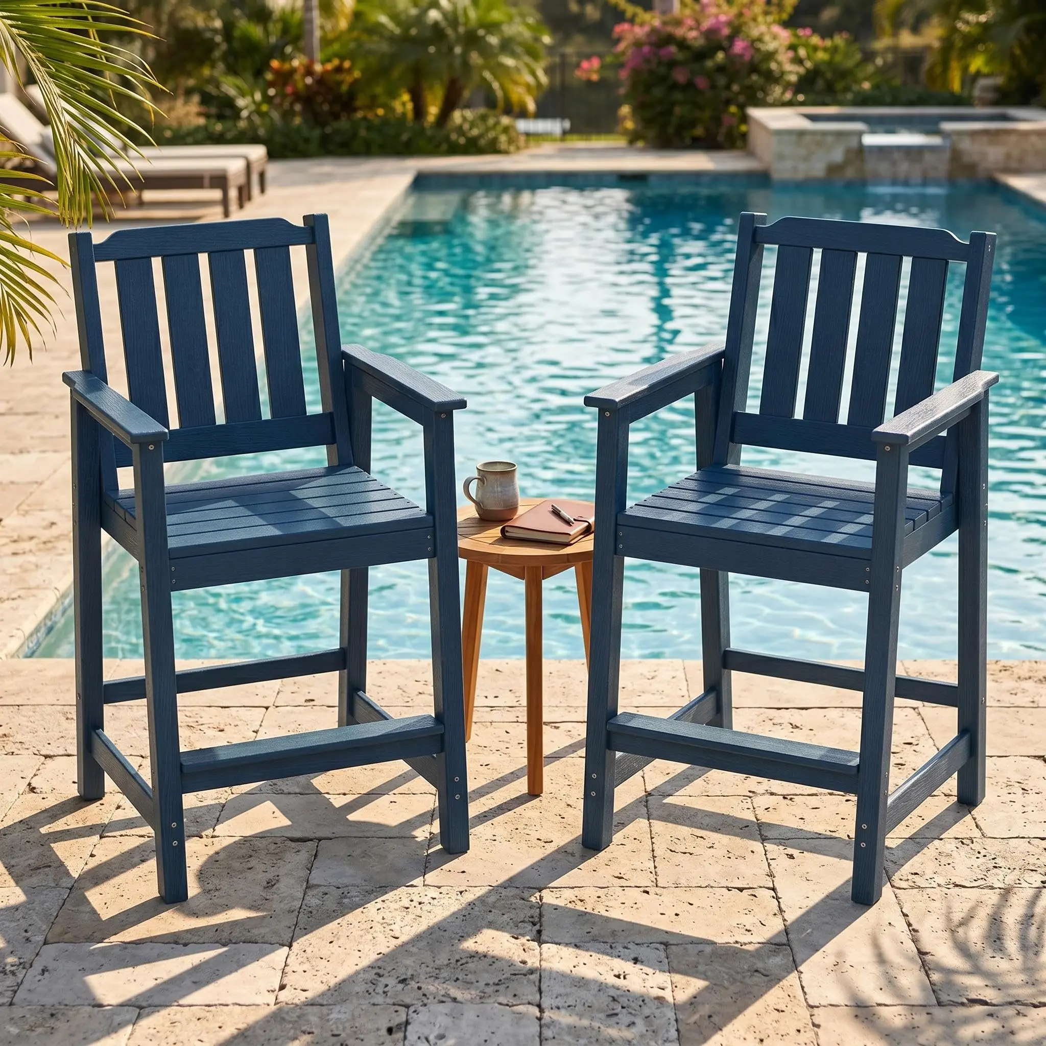 Set of 2 HDPE Wood Grain Outdoor Bar Stools - 27.7" High Counter Height Chairs with Armrests & Back for Patio, Balcony, Garden, Deck & Backyard