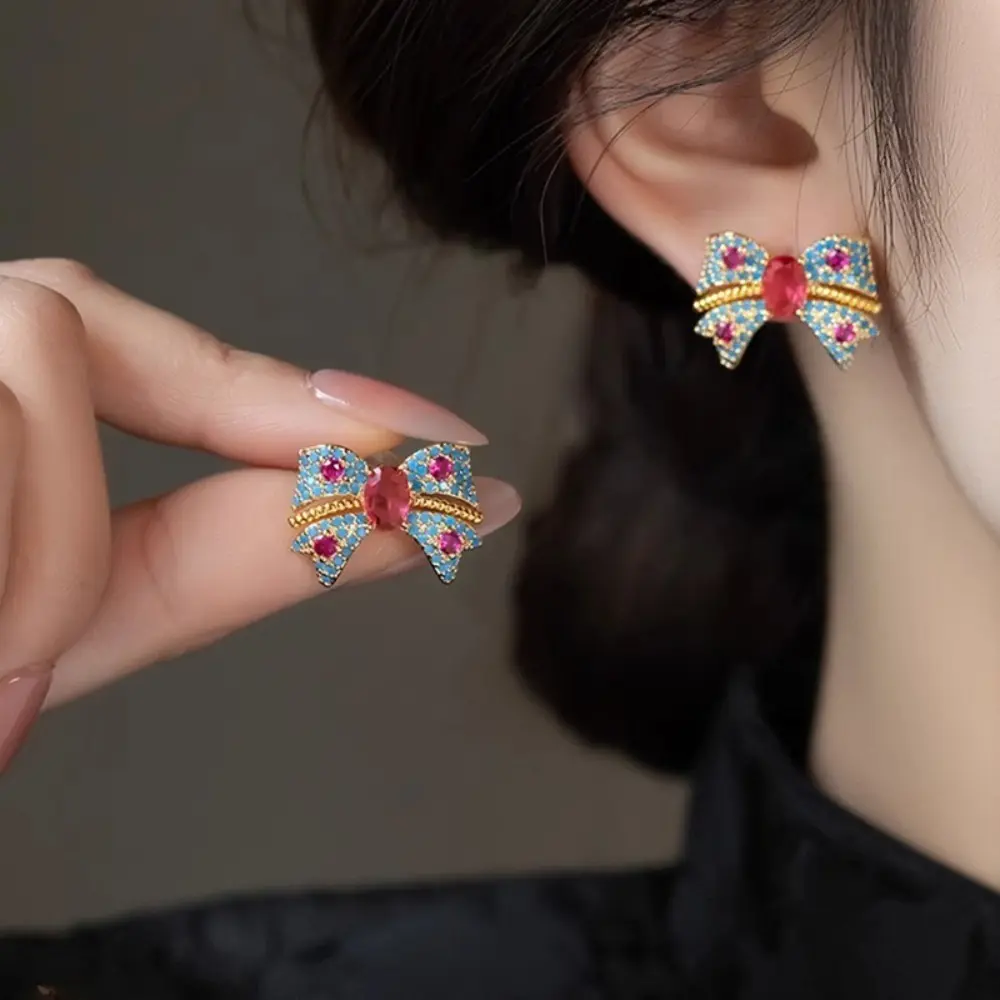 Retro Bow Shaped Stud Earrings for Women - S925 Sterling Silver Needle, Hypoallergenic, Elegant Blue Inlay Detail, Retro Chic, Light Luxury, High Texture, All-Match Bag Charm, Perfect for Daily Wear, Dating Occasions, Hypoallergenic Earrings Set, Bowknot,