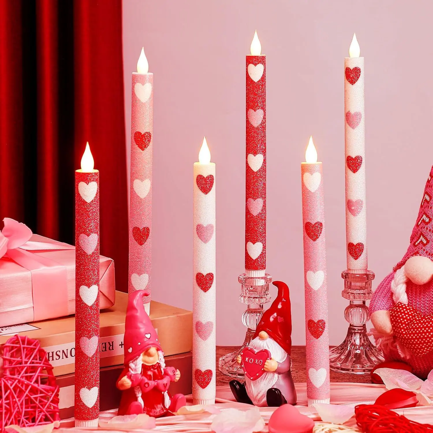 6 Pcs Heart Glitter Flameless Taper Candles 10.6 Inch Valentines Day Candles Battery Operated LED Candlesticks for Valenties Wedding Bridal Birthday Shower Party Dinner Table Home Decor