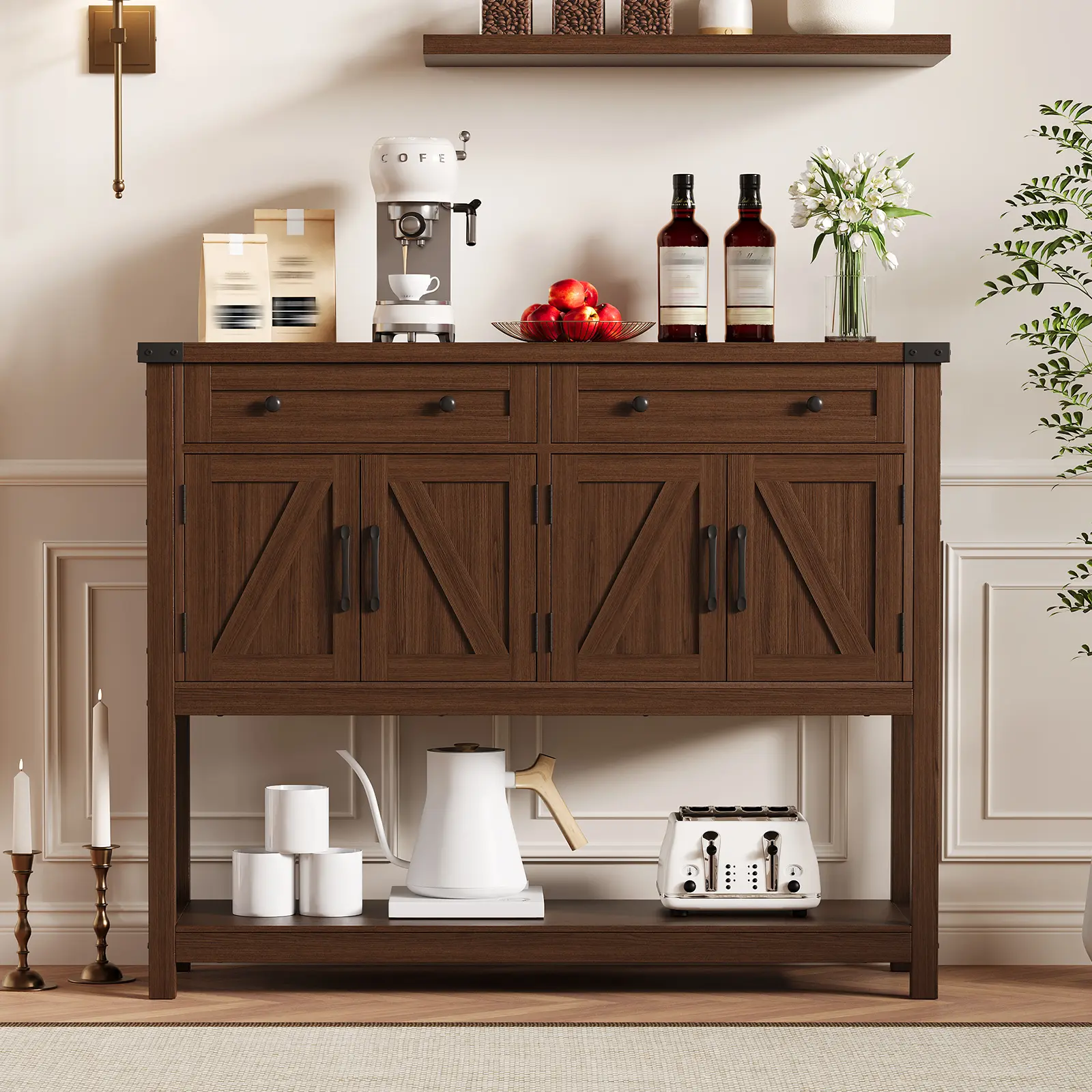 47" Modern Farmhouse Buffet Sideboard Cabinet - Rustic Sideboard with 2 Drawers & 2 Barn Door Cabinets, Coffee Bar Console Table for Kitchen, Dining & Living Room, Brown