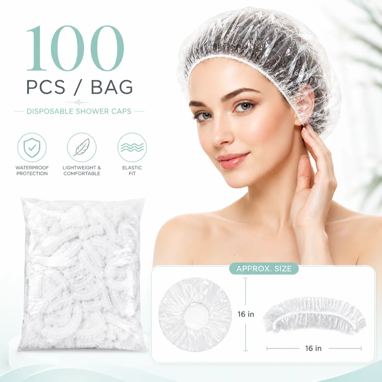 100 Pack Plastic Shower Caps, Clear Disposable Hair Caps with Elastic Fit, Waterproof Bath Caps for Hotel Travel Salon Cleaning Use