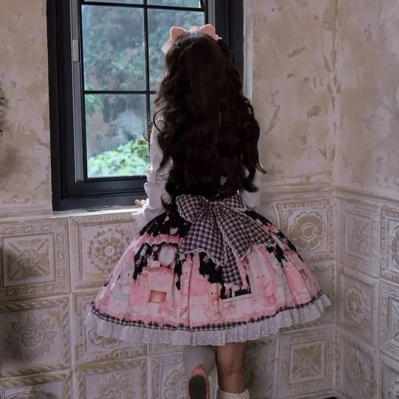 Japanese Cosplay Lolita Strap Dress Women Long Sleeve Floral Mini Dress Sets Elegant Vintage High Waist Kawaii Outfits Y2k Chic