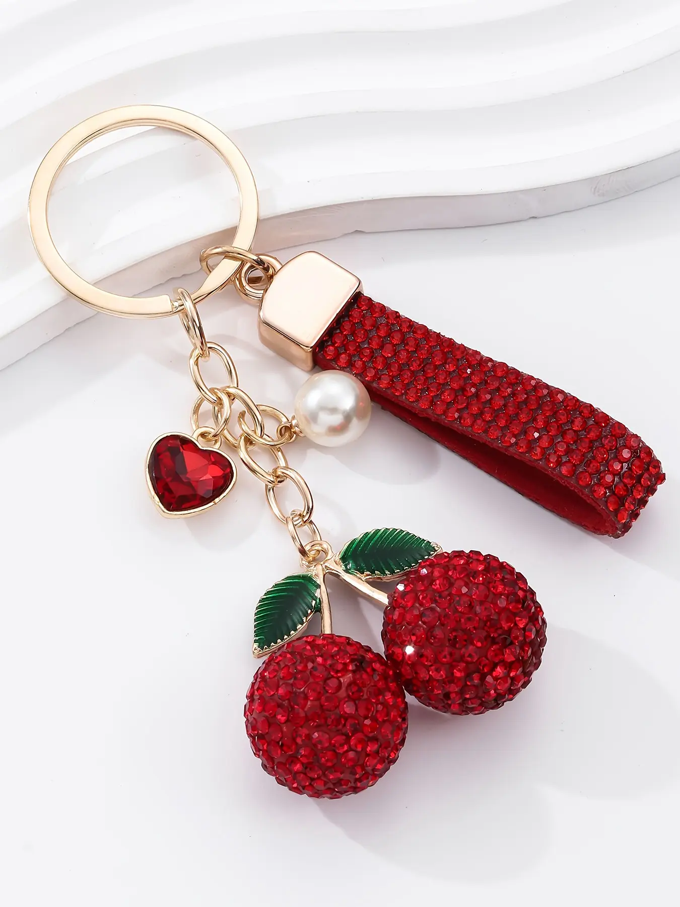 Rhinestone Cherry Bedazzled Bag Charm Pendants – Bling Crystal Strap Heart Pearl Bag Chain Charms, Sweet Y2K Bag Decoration Pendant, For Girls Purse & Backpack Accessories
