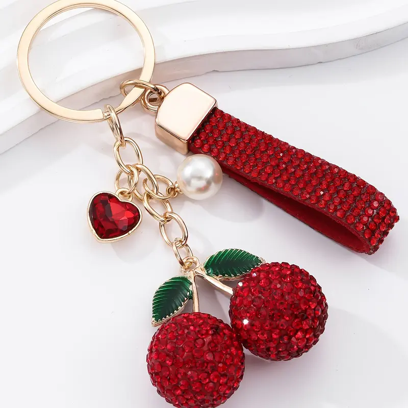 Rhinestone Cherry Bedazzled Bag Charm Pendants, Bling Strap Bag Charm with Heart Pendant, Sweet Y2K Bag Decoration Pendant, Girls Purse & Backpack Accessories