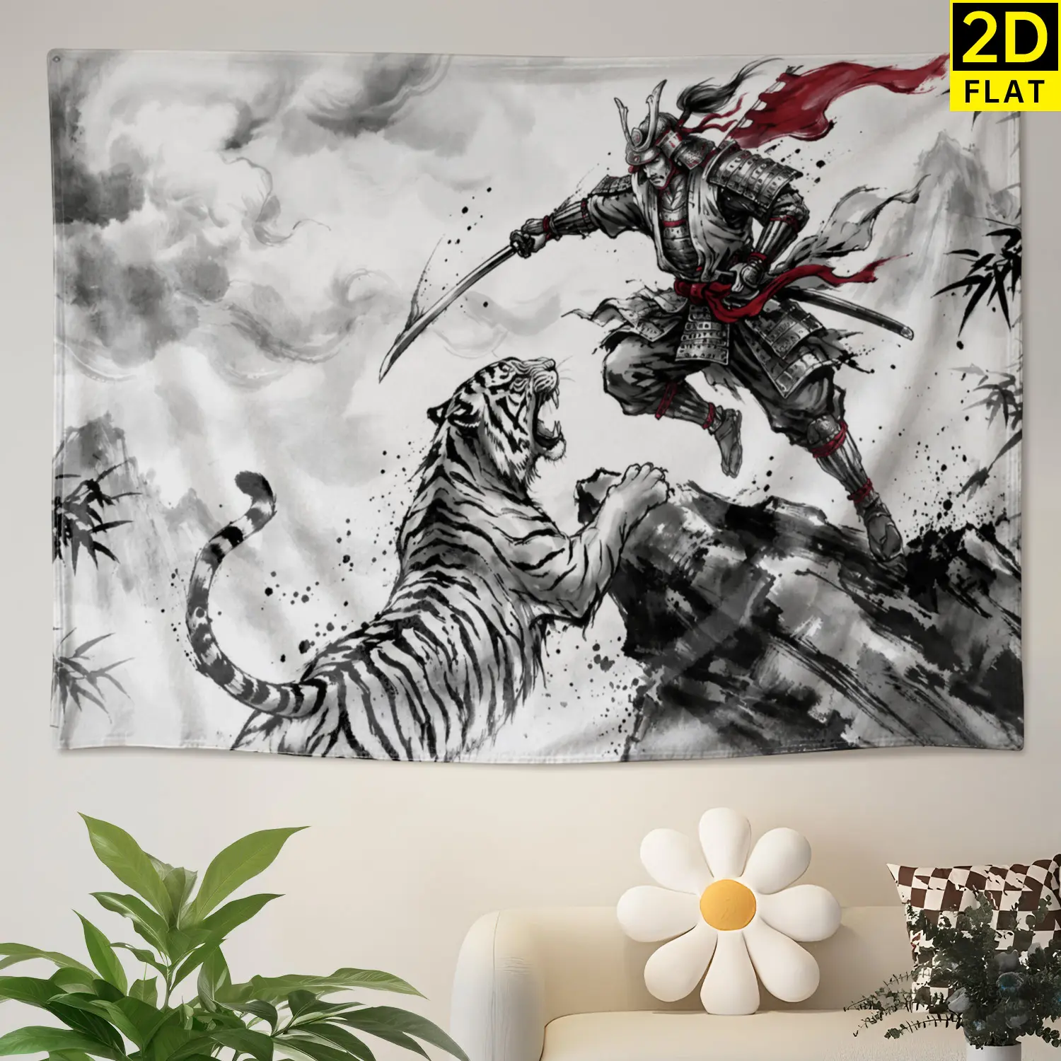 Japanese Samurai Fighting Tiger Ink Wash Print Tapestry - Large Horizontal Polyester Colorfast Hippie Art Wall Decor, No-Installation Gift Ideas for Living Room, Indoor-Outdoor Use