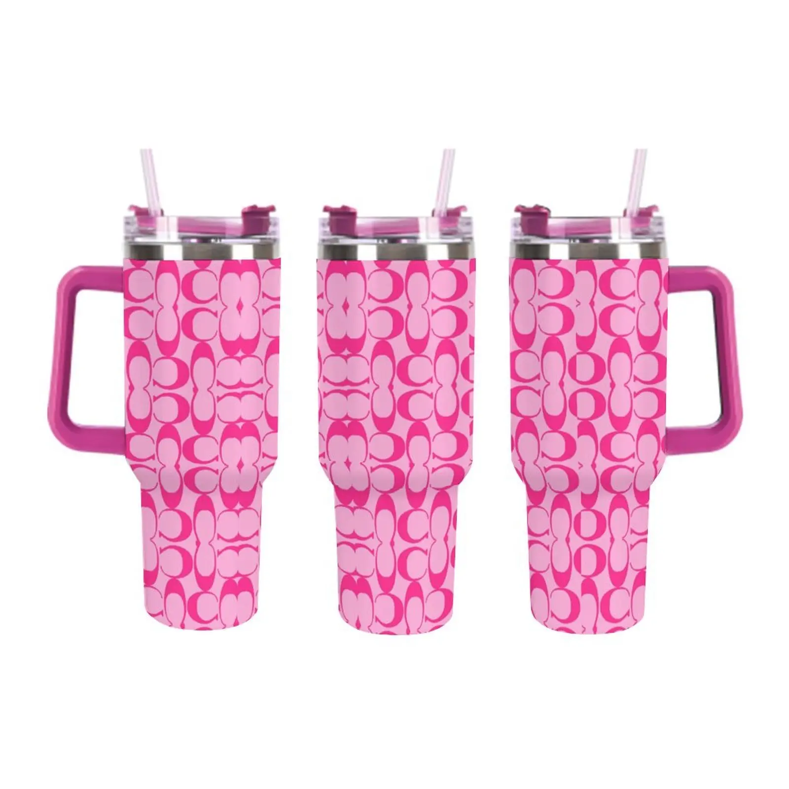 40oz Hot Pink Monogram Print Tumbler with Straw - Pink On Pink Designer Inspired Reusable Stainless Steel Travel Cup, Cute Aesthetic Daily Drink Mug