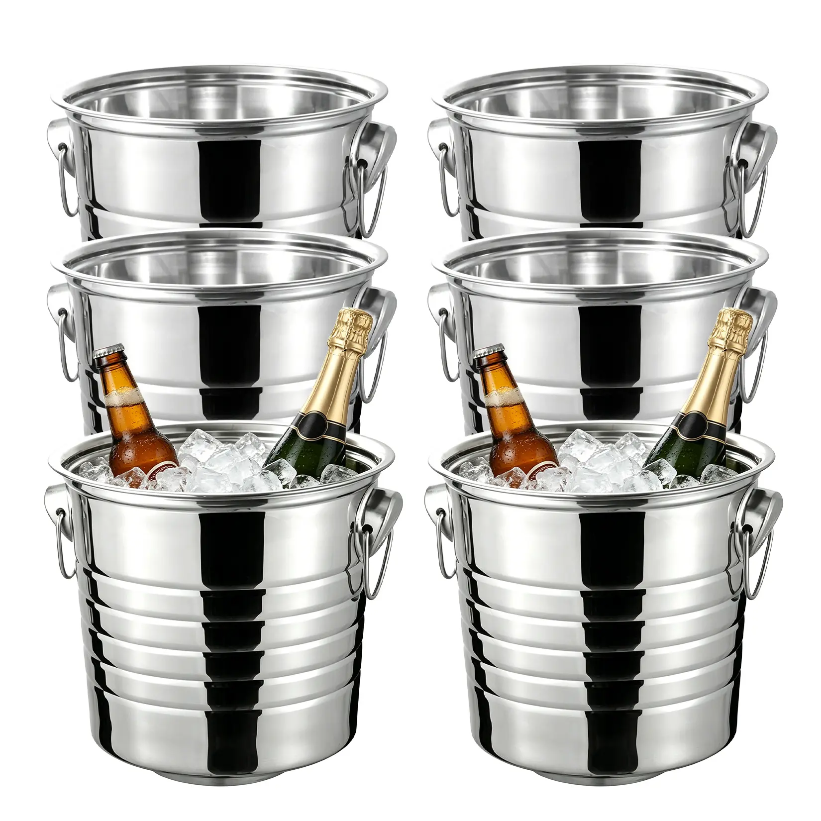 6 Pack Stainless Steel Ice Bucket 3L Double Wall Champagne Bucket with Tiger Head Handles Wine Beverage Chiller for Parties Bar Wedding Events Silver Finish