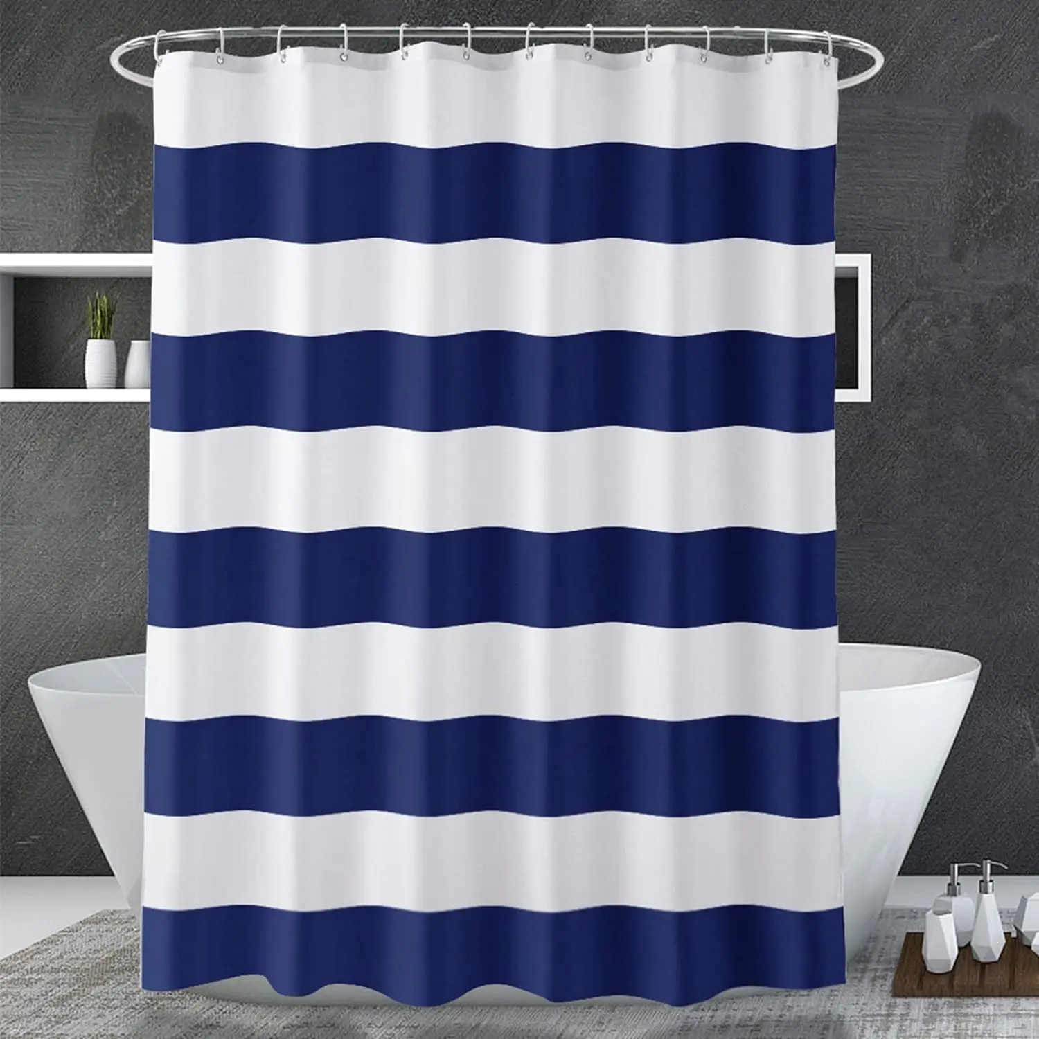 Navy Blue Shower Curtain Stripes, 72" W x 72" H Blue and White Shower Curtain, Fabric Shower Curtains for Bathroom with 2 Heavy Stones, Water Repellent