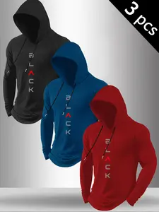 Men’s Vertical Letter Slogan Print Long Sleeve Drawstring Pullover Hoodie Slim Raglan Sleeve Athletic Sweatshirt For Gym Training Street Daily Casual Outdoor Wear #LetterPrintHoodie