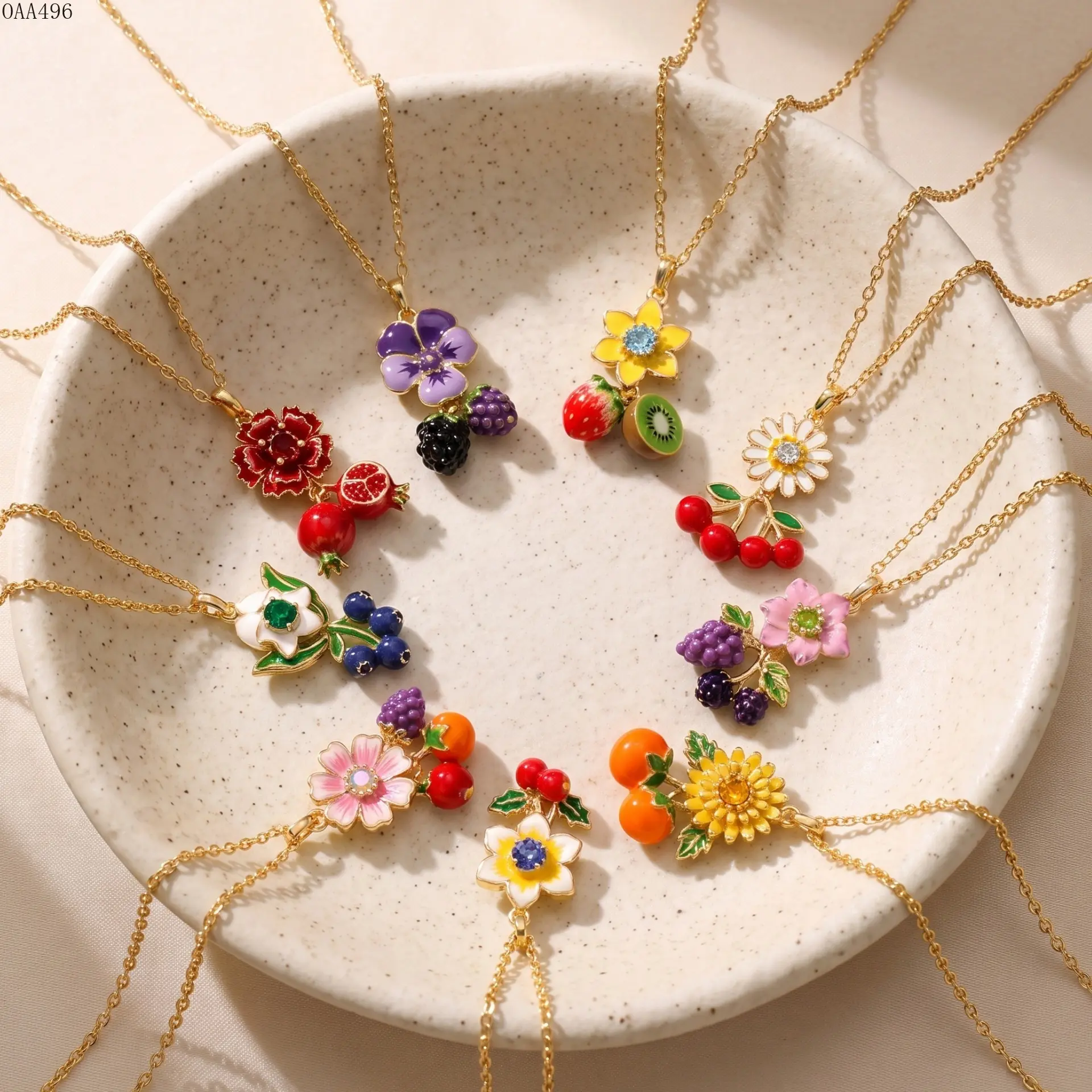 Fruit Charm Necklace for Women, Gold Plated Titanium Steel Chain With Enamel Strawberry, Cherry, Blueberry and Pomegranate Pendants, Colorful Minimalist Jewelry for Daily Wear, Summer Outfits and Gift Giving