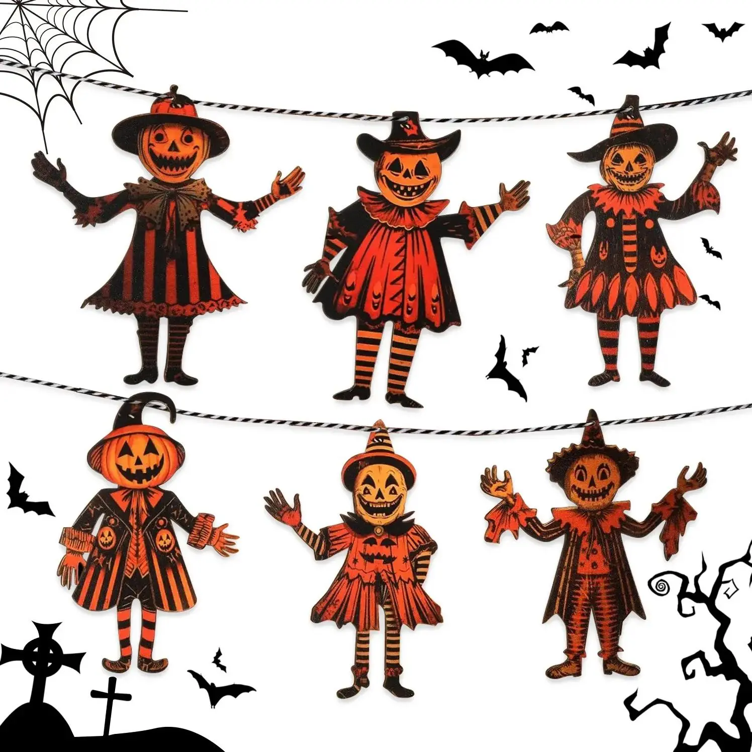 Vintage Wooden Halloween Pumpkin Bunting – Rustic Spooky Banner Garland, Indoor/Outdoor Fall Party Decor, Cute Photo Backdrop for Haunted House, Harvest & Trick-or-Treat