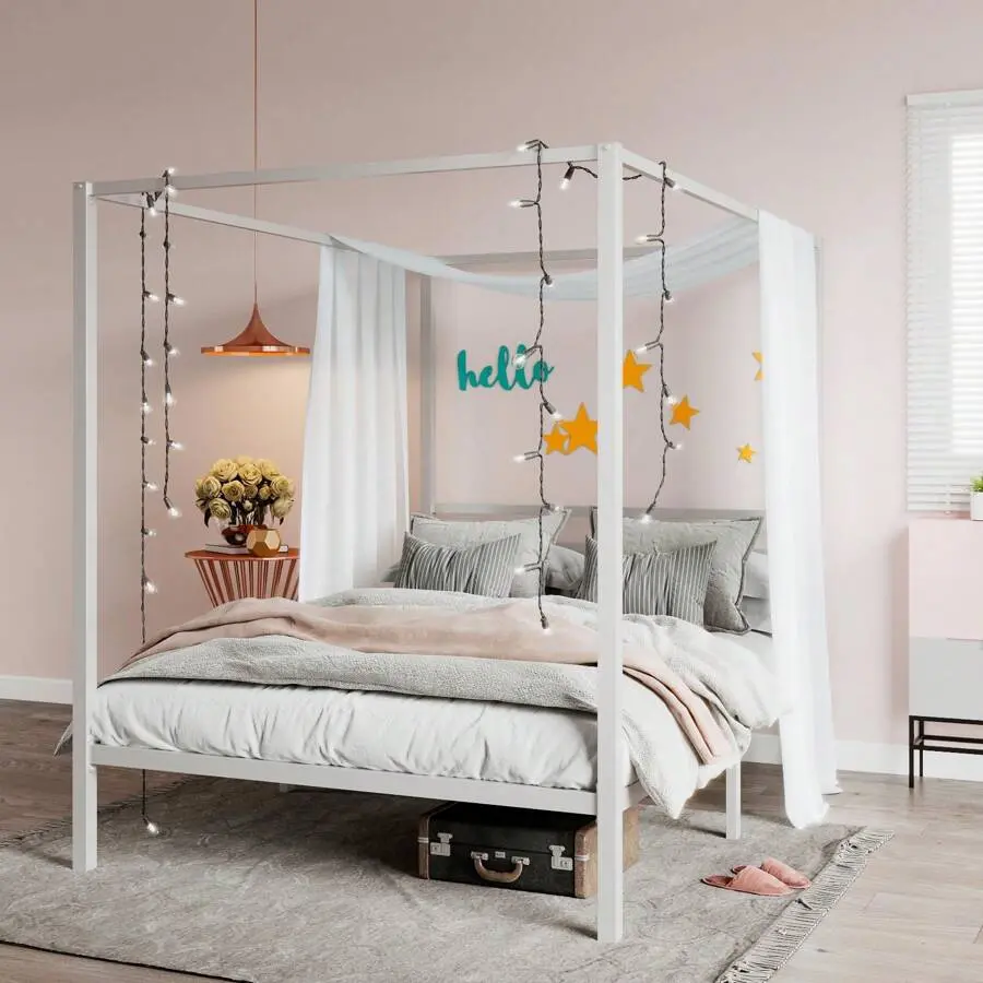 Metal Canopy Bed Frame Full&Queen Size, Mattress Foundation With Metal Slats Support/No Box Needed/Easy Assembly, Room Decor, Bedroom Christmas Decorations Home Decor Christmas Gift, Black|White * Bed Frame Queen Queen Bed Frame Bed Frame Full Full Size B
