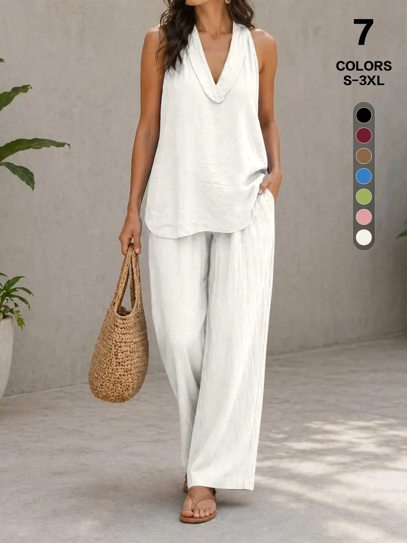 Women's Halter V-Neck Sleeveless Top & Wide Leg Pants 2 Piece Set, Clothes, Cotton Linen Feel, Casual, Sizes S-5xl, Summer Essential