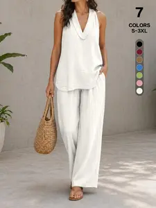 Women's 2 Piece Set Halter Deep V Neck Sleeveless Top and Loose Wide Leg Pants, Casual All Seasons Suit, Comfortable and Stylish Lightweight