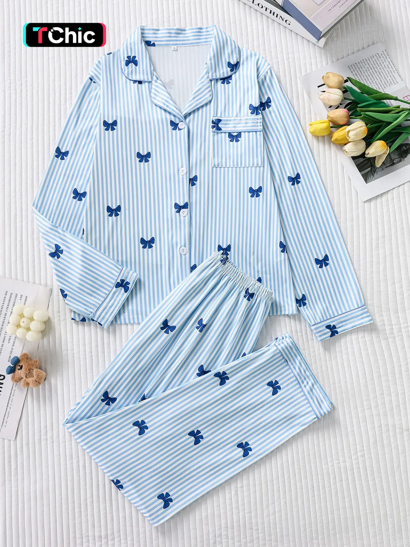 Women's Elegant Pajama Set Loungewear, Long Sleeve Striped Top with Bow, Comfortable Elastic Pants, Spring & Fall Sleepwear, Fitted Style
