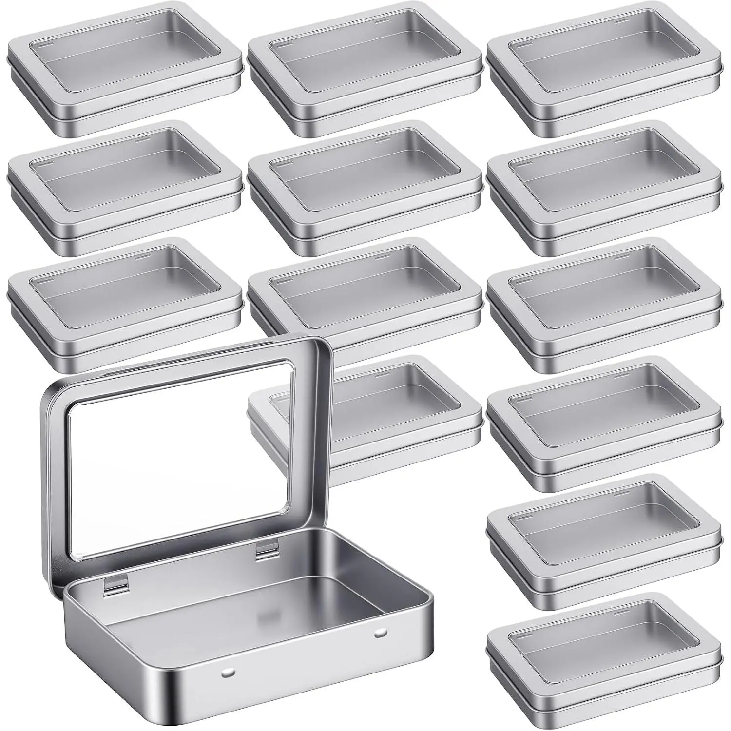 14 Pack Empty Rectangular Metal Tins with Clear Window  –  Storage Boxes for Organizing Small Items, , and Crafts