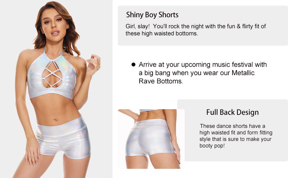 Women's Metallic Rave Booty Shorts Shiny High Waisted Bottoms for Dance Festival