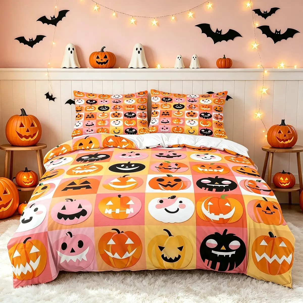 Cartoon Pumpkin Lantern Duvet Cover Set,Halloween Lattice Geometric Comforter Cover, Grid Colorful Spooky Patchwork Quilt Cover with 1/2 Pillowcases, Pumpkin Festival Themed Bedding Set, Decorative Duvet Cover