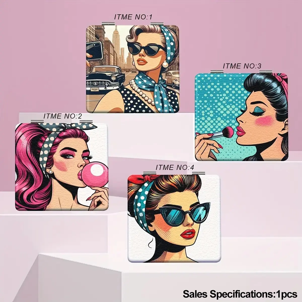 Pop Art Series Portable PU Makeup Mirror, Easy Fold Mini Handheld Beauty Tool for Girls, Ideal Gift for Birthday, Valentine’s Day & Wedding