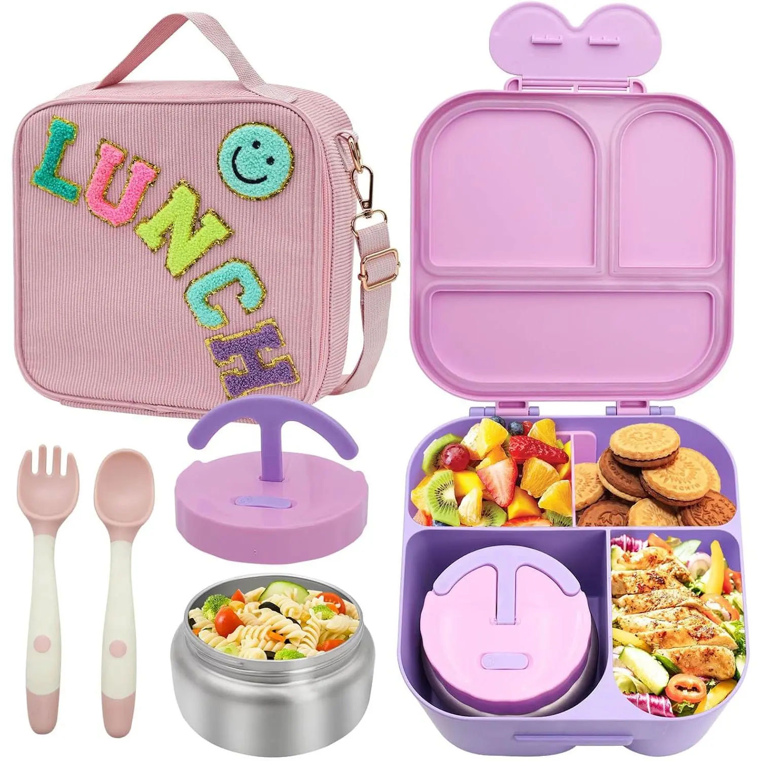 4-Compartment  Bento Lunch Box with  and Insulated Bag |  Leak-Proof Design with Preppy Corduroy Style.  for School, Picnic, and Travel for Girls and Teens