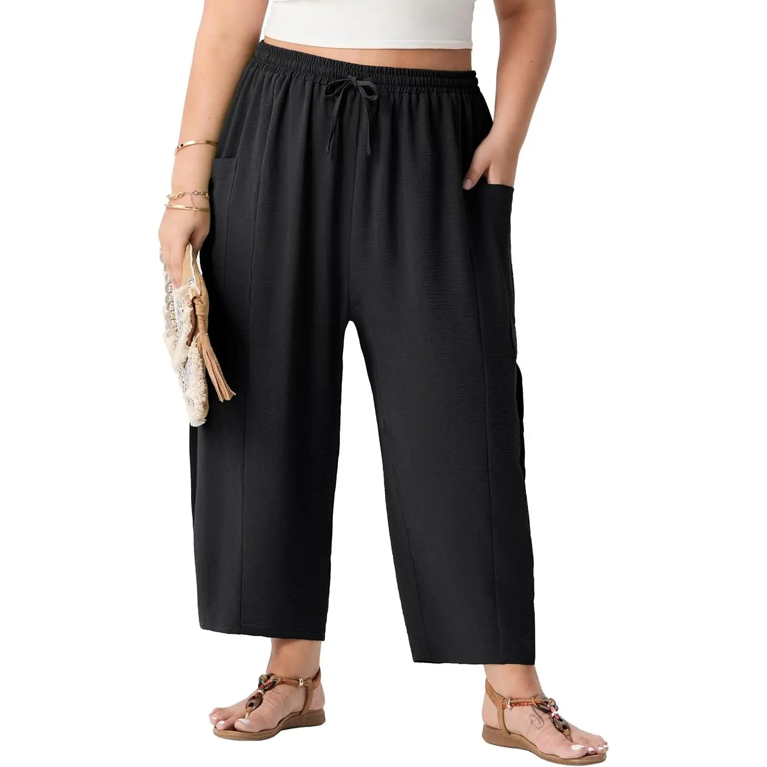 Women's Plus Size Wide Leg Palazzo Pants, Chic Cropped Linen-Like Trousers with Adjustable Drawstring and Pockets for Summer, Baggy, Maternity, Outfits, Smooth, Beach, Light, Essential, High Waisted, Day
