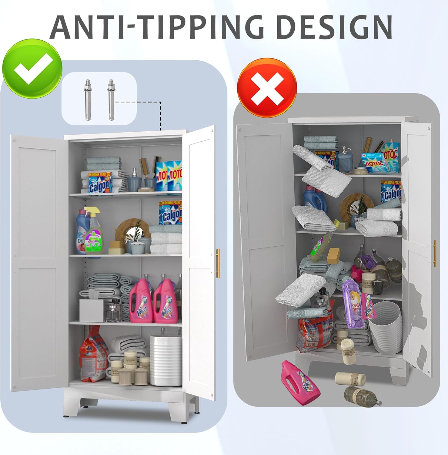 61.02" Pantry Cabinet, Kitchen Pantry Storage Cabinets with Adjustable Shelves and Feet, White Pantry Storage Cabinet for Kitchen, Dining Room, Living Room and Bathroom Cupboard Furniture