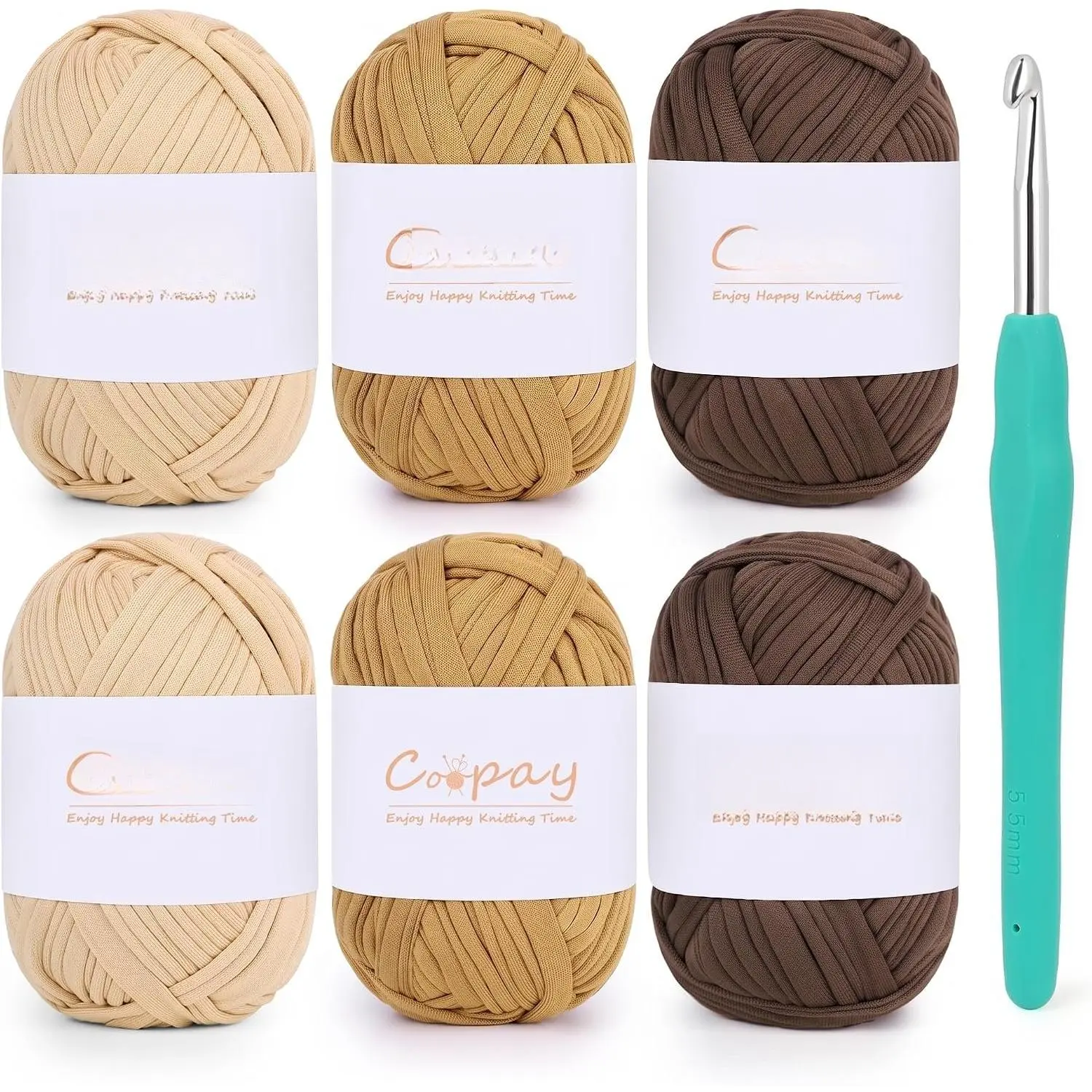 6 Pack T-Shirt Yarn for Crocheting, 600g High Elastic Thick Yarn | Crochet Yarn with 5.5mm Crochet Hook, Chunky Ribbon Yarn for Beginner Crochet Bags, Baskets,Coaster and  Decor (Brown)