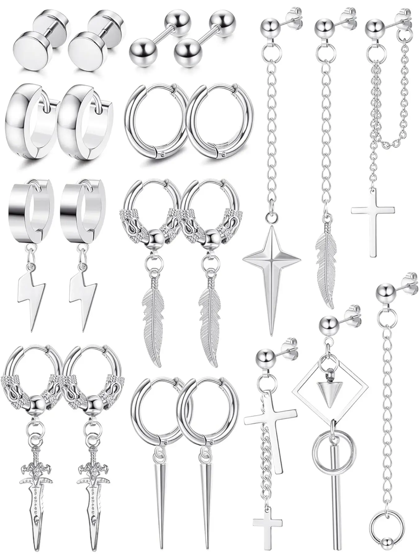 22Pcs Dangle Earrings for Men Stainless Steel Hinged Hoop Earrings Long Chain Stud Cross Dangle Earrings Set Kpop Earrings for Mens