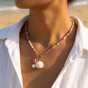 Bohemian Starfish Conch Pendant Necklace with OT Buckle Colorful Rice Beads Ceramic Fish Choker Necklace Beach Vacation Jewelry