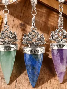 3 PCS Crystal Cone Pendulums for Divination, Amethyst, Lapis Lazuli, Green Aventurine, Yoga & Meditation Gift, Silver Lotus Christmas Present