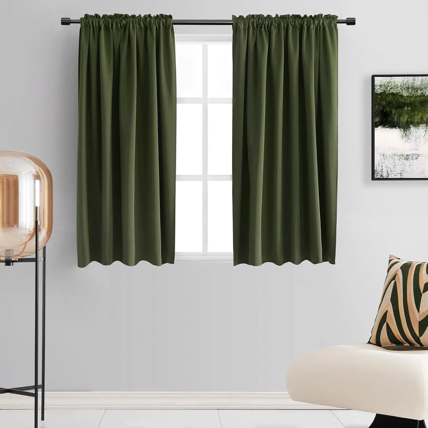Olive Green Fabric Blackout Curtains, 2-Panel Set (52x48"), Rod Pocket Thermal Insulated Room Darkening Drapes for Boys Loft Cabin