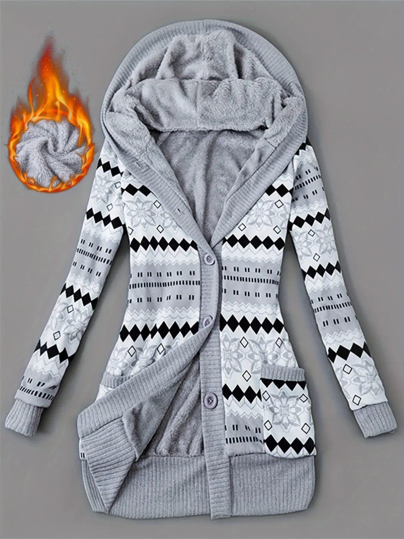 Women's Geometric Print Hooded Knit Sweater, Mid-Length Long Sleeve Casual Outerwear, Fall Winter Fashion Cozy Inner Lining