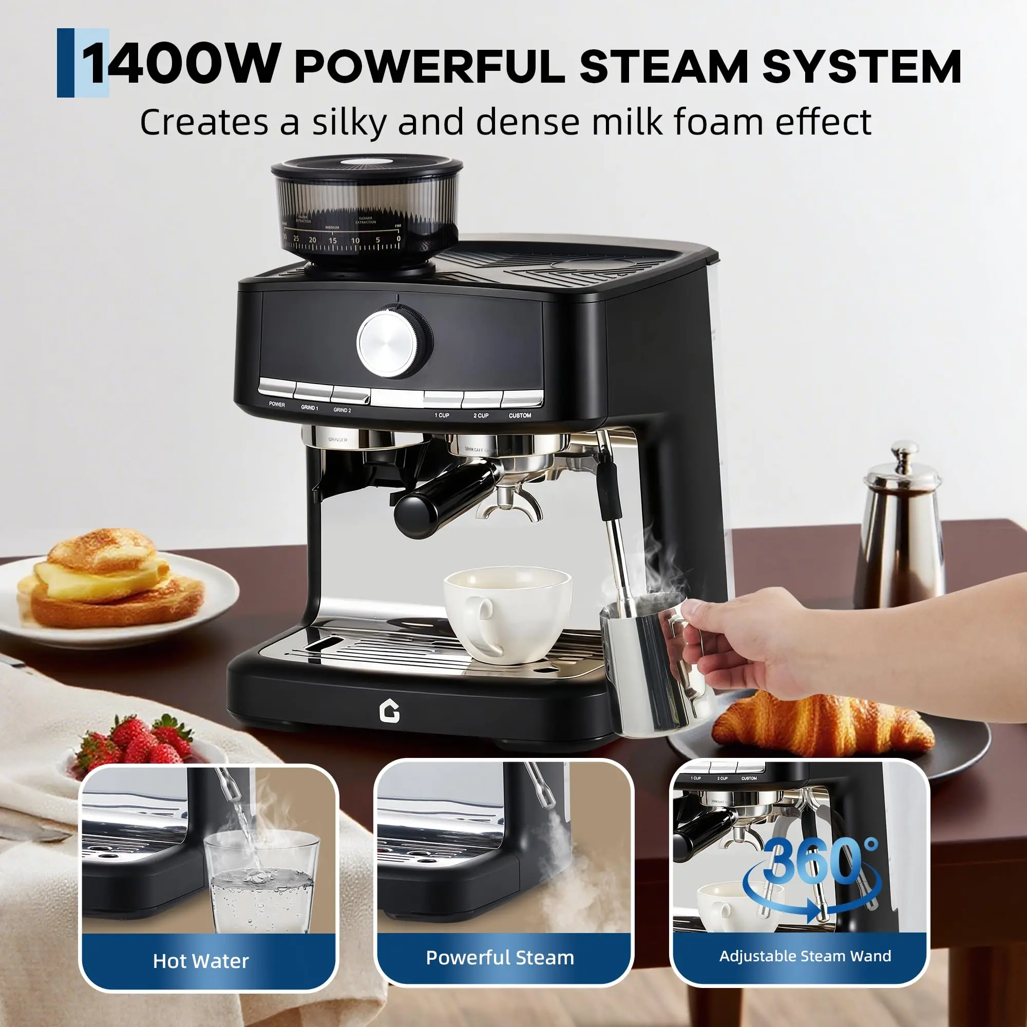20 Bar Semi Automatic Espresso Machine with Built-in Conical Burr Grinder – Stainless Steel Professional Home & Office Coffee Maker – Adjustable Shot Volume, 1.5l Removable Water Tank, Steam Milk Frot